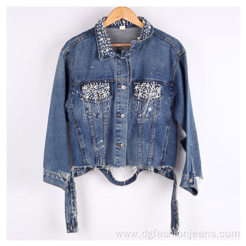 Women Pearl Beaded Denim Jacket Long Sleeve